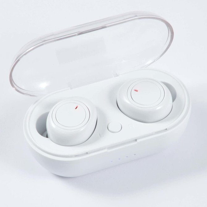 Tempest TWS Earbuds in a charging case. The case is white with a transparent lid, featuring two earbuds inside.