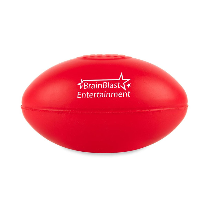 A red football-shaped stress reliever with the branding "BrainBlast Entertainment."