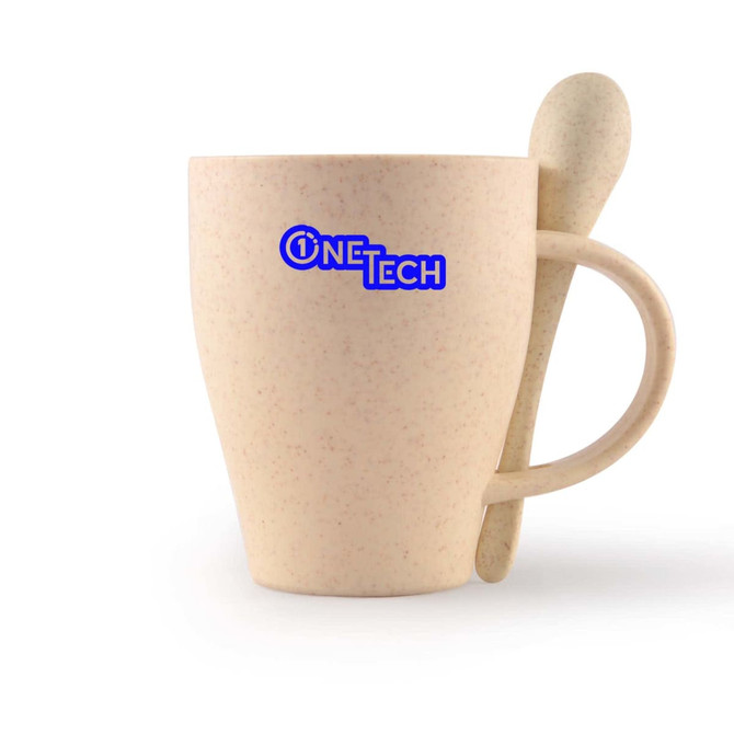 A beige wheat fibre cup with a matching spoon, featuring a logo on the front.