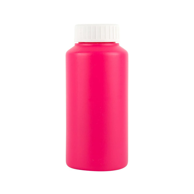A drink bottle in bright pink with a white screw-on lid. It has a smooth surface and a branding logo.
