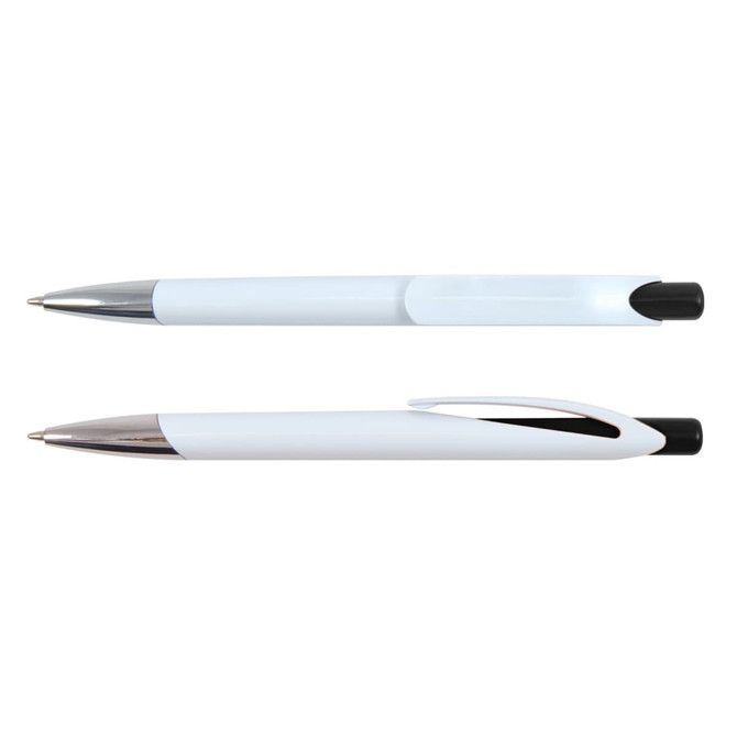 A set of Falcon Pens in white and black, featuring a sleek plastic design and chrome accents.