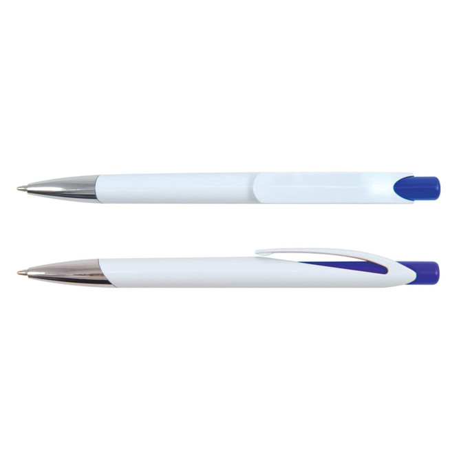 Two plastic pens are displayed, featuring a white body with blue accents and chrome tips. Each pen has a clip.