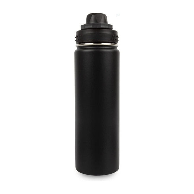 A drink bottle made of stainless steel, featuring a matte black finish and a screw-on lid with a logo.