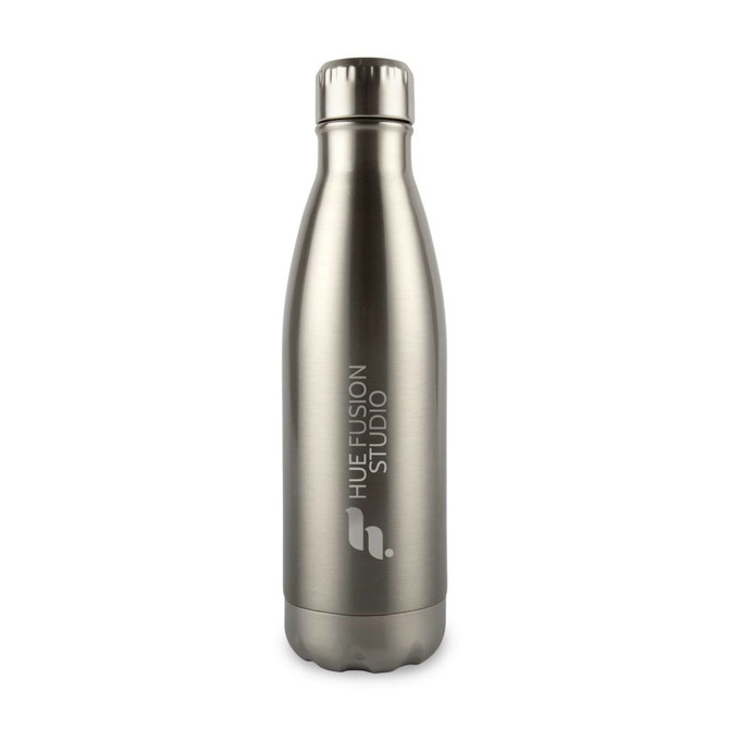 A drink bottle made of stainless steel, featuring a sleek silver finish and a logo on the side.