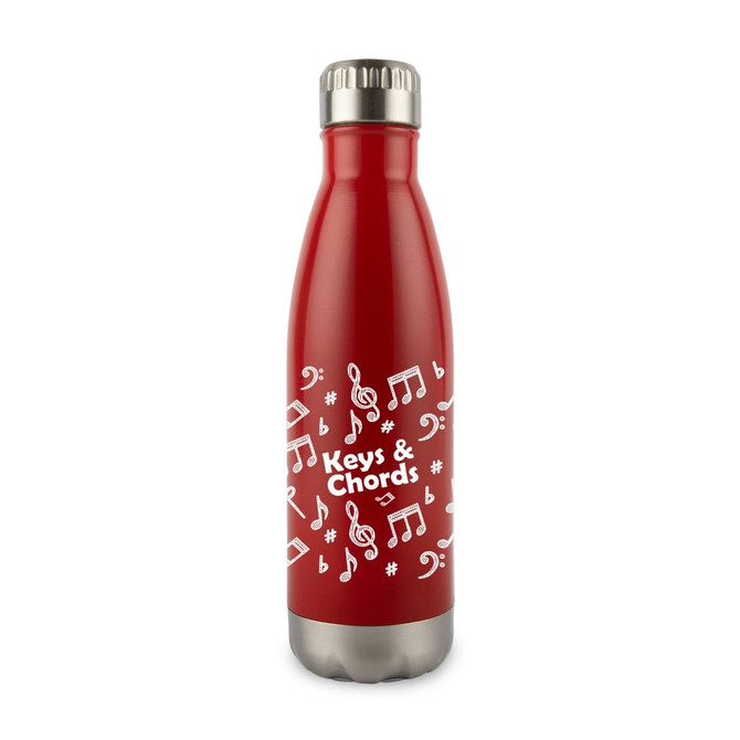 A drink bottle in red stainless steel featuring decorative musical notes and a logo on the surface.
