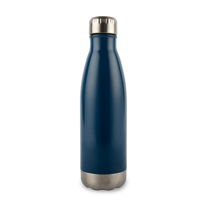 A drink bottle with a sleek blue exterior and a stainless steel base, featuring a screw-on lid.