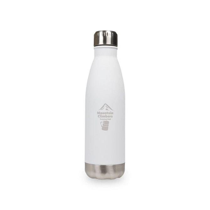A drink bottle in white with a stainless steel base, featuring a logo and a sleek design.