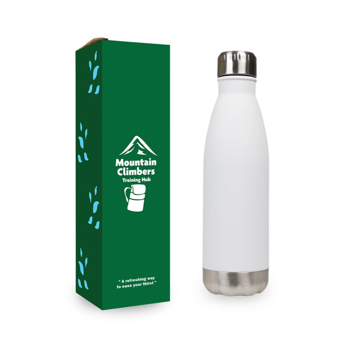 A drink bottle with a sleek white exterior and stainless steel base, displayed next to a green packaging box featuring a logo.