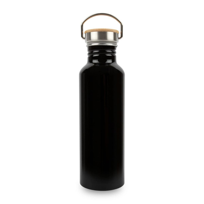 A drink bottle in sleek black aluminium with a stainless steel lid and wooden accent. Features a logo.