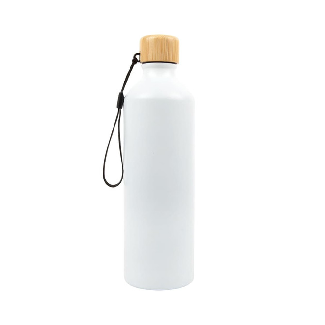 A drink bottle made of aluminium with a sleek white finish and a bamboo lid, featuring a convenient strap.