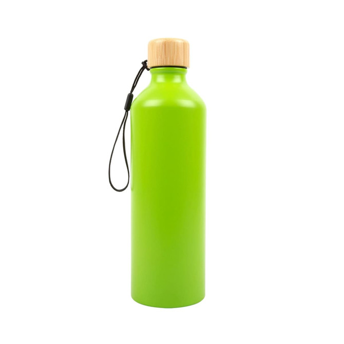 A drink bottle in vibrant green with a bamboo lid and a convenient handle. It features a simple design and a logo.