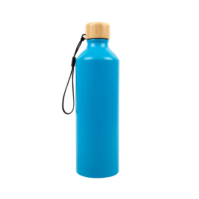 A drink bottle with a vibrant blue finish and a bamboo lid, featuring a convenient carry strap.