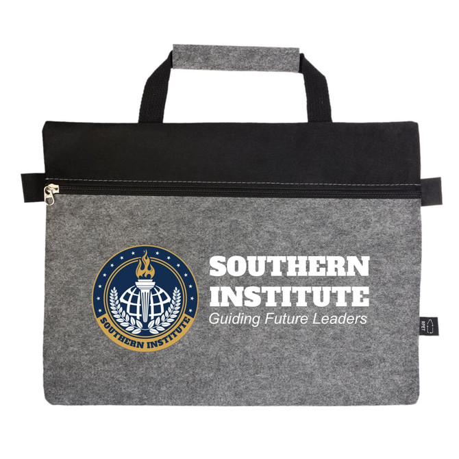 A grey and black felt satchel with a top handle and a front zipper, featuring a logo.