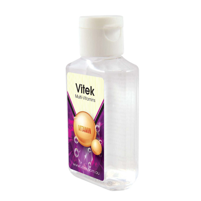A clear bottle of hand sanitiser with a white cap. The label features vibrant colors and a logo.