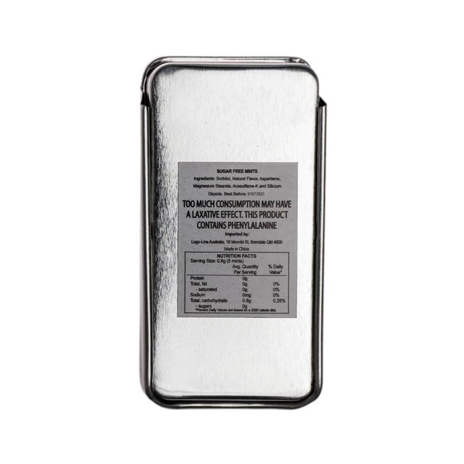 A silver slider tin containing sugar-free mints, featuring a nutrition label on the front.