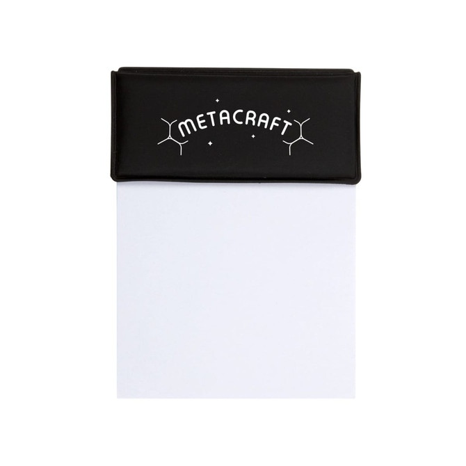A black memo pad with a textured cover and a white notepad inside. It features a logo on the front.