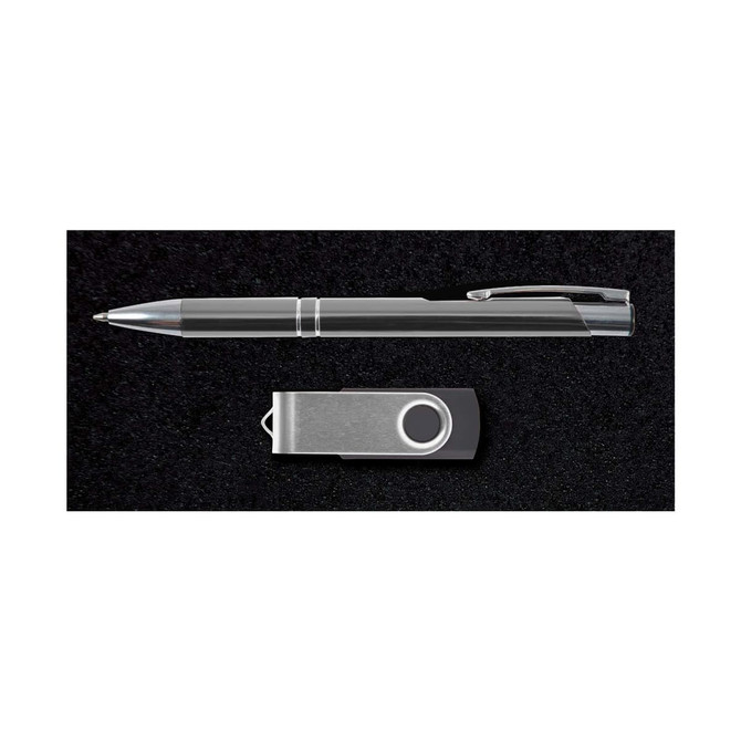 A silver pen and a metallic USB drive presented on a black background, part of the Bellman Gift Set.
