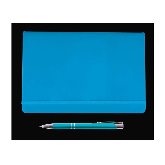 A blue folder paired with a matching teal pen.