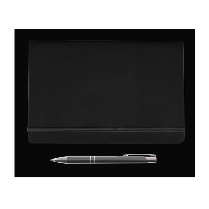 A sleek black notebook with an elastic closure, paired with a silver-accented pen.