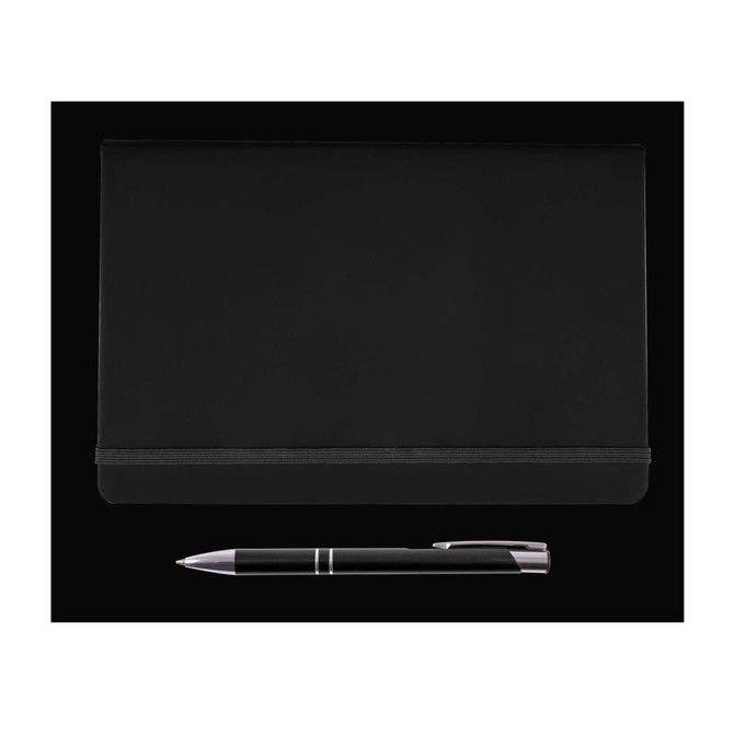 A black notebook with a sleek cover and an elastic band, accompanied by a silver and black pen.