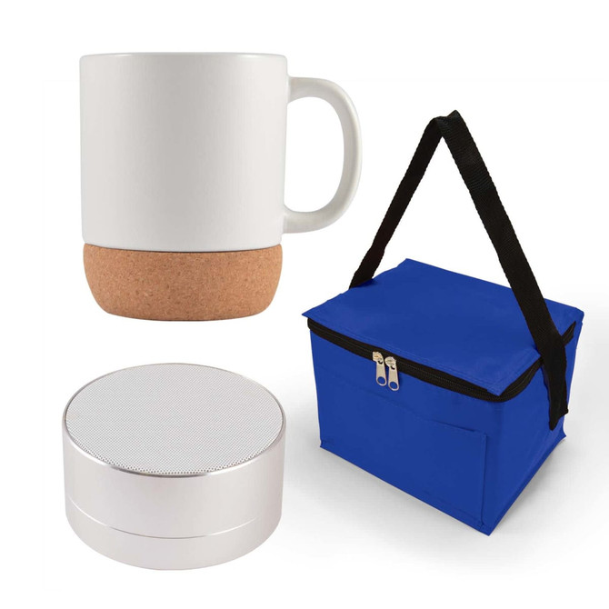 A coffee cup with a cork base, a small Bluetooth speaker, and a blue insulated carrying bag.