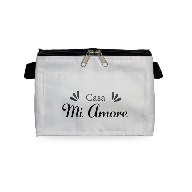A white zippered bag with a decorative design featuring the words "Casa Mi Amore."