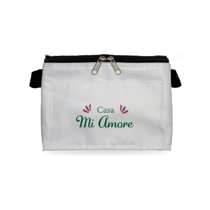 A white cosmetic bag with a zip closure, featuring a front design with green and red decorative elements.