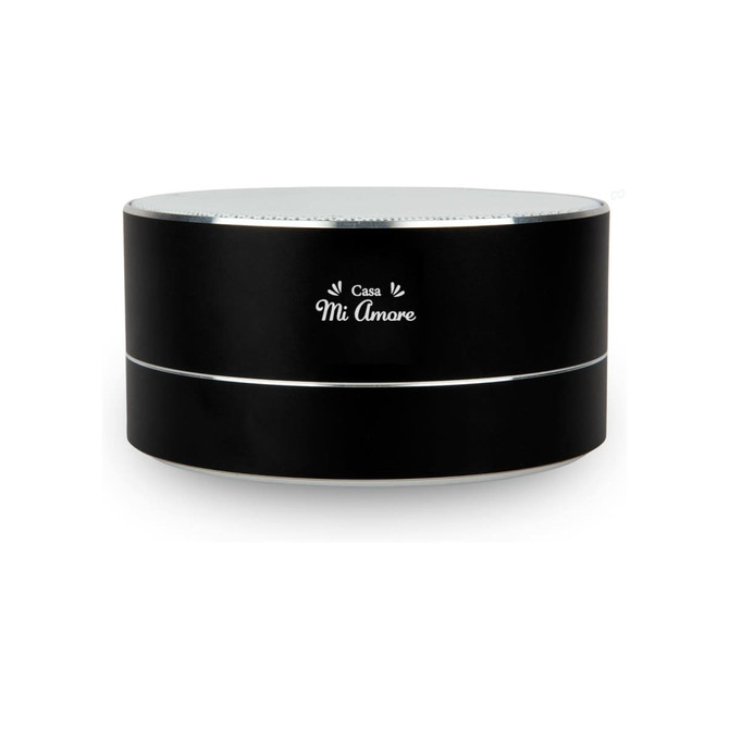 A black espresso coffee cup with a glossy finish and a silver band, featuring a logo.