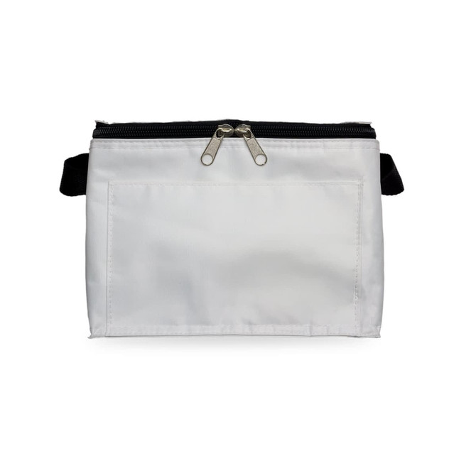 A white zippered pouch with a black zipper and an additional handle, suitable for various storage needs.