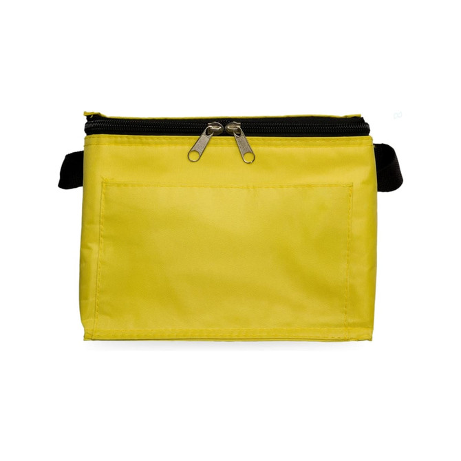 A yellow zippered bag with a black strap, featuring a front pocket and a smooth, durable fabric.