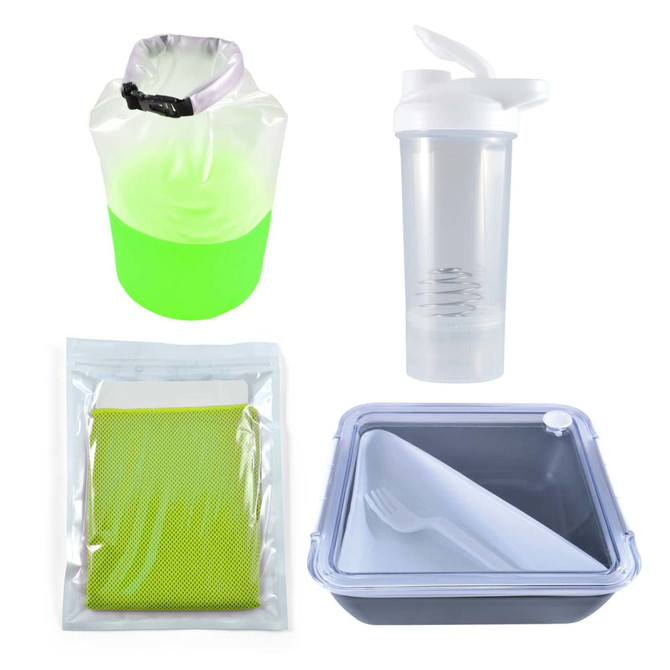 An active living pack featuring a green dry bag, clear drink bottle, reusable food container, and a flexible storage bag.