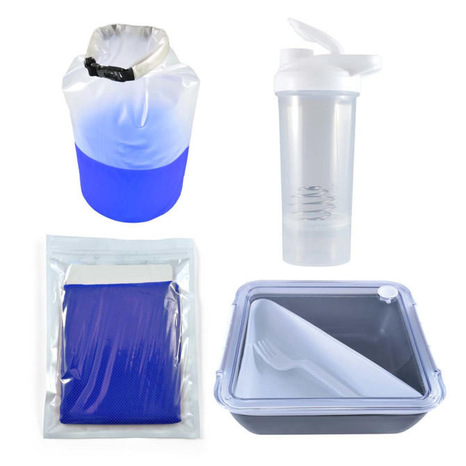 A blue and white dry bag, a clear drink bottle, a blue pack in a zip bag, and a gray food container with a lid.