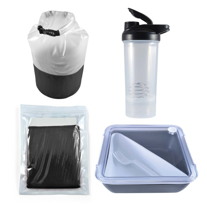 A dry bag in white and black, a clear drink bottle, a pouch, and a two-compartment container with a fork.