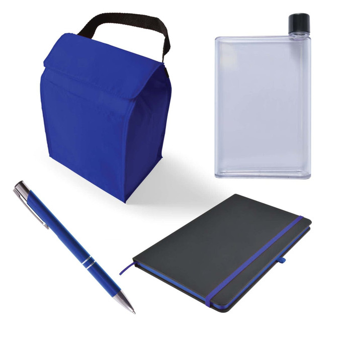 A blue cooler bag, a clear drink bottle, a black notebook with an elastic band, and a silver pen are featured.