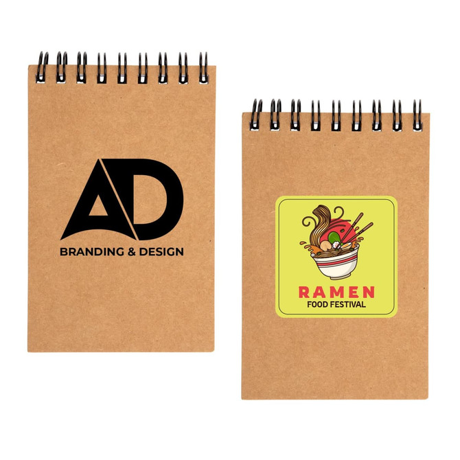 A brown spiral pocket notebook with a logo on one side and a colorful food festival design on the other.