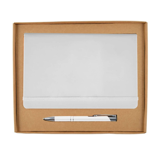 A white notebook and a silver pen are neatly packaged in a brown cardboard gift box.