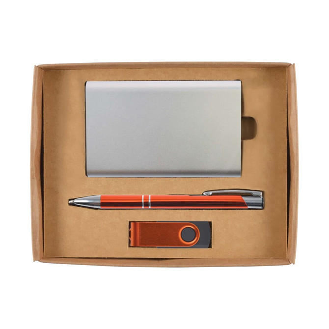 A gift set including a metallic cardholder, an orange pen, and a USB flash drive, all presented in a cardboard box.