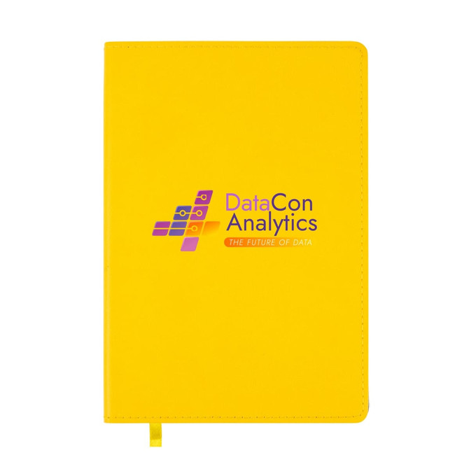 A yellow A5 notebook with a logo on the cover, featuring a smooth surface and a matching ribbon bookmark.