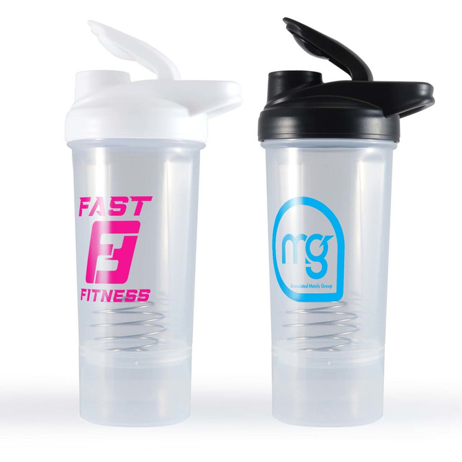 A drink bottle set featuring two protein shakers: one clear with a white lid and one clear with a black lid, both with logos.