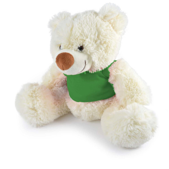 A plush teddy bear in white with a green vest, featuring soft fur and a friendly face.