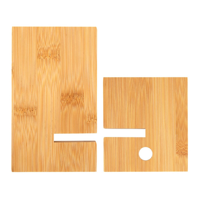 A bamboo phone stand comprising two interlocking pieces, featuring warm tones of natural bamboo. It has a circular cutout.