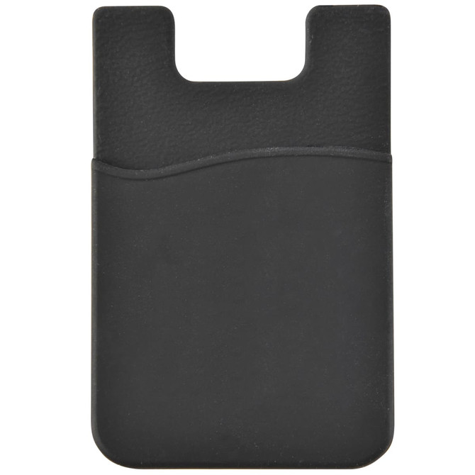 A sleek black phone wallet designed to attach to the back of a smartphone, featuring a pocket for holding cards or cash.