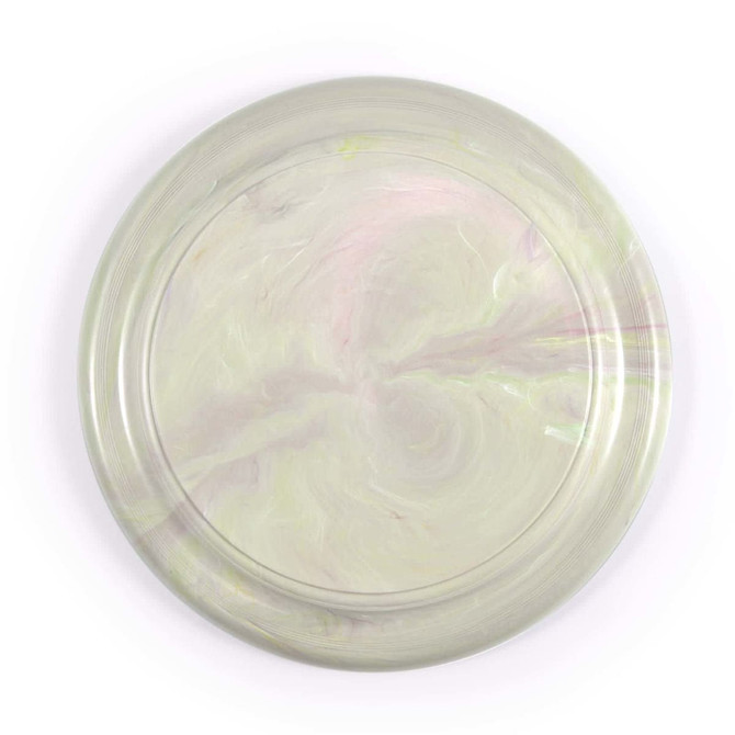 A recycled flyer in a marbled design with light pastel colors.