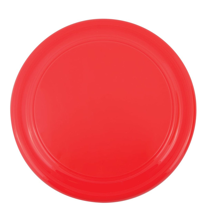 A red frisbee with a smooth surface and rounded edges.