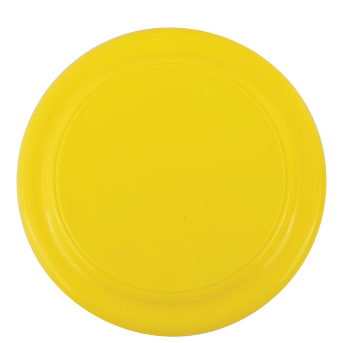 A bright yellow frisbee featuring a smooth, rounded surface.