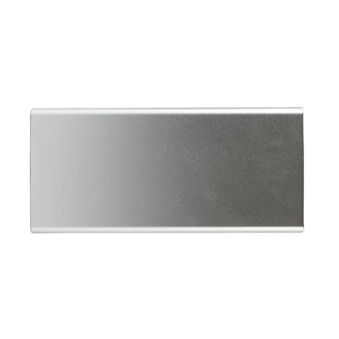A power bank with a sleek, metallic design, featuring a gradient from silver to a darker gray finish.