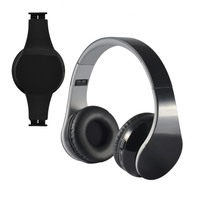 A black pair of Hyper Bluetooth headphones with a sleek design and soft ear cushions, accompanied by a zipper case.