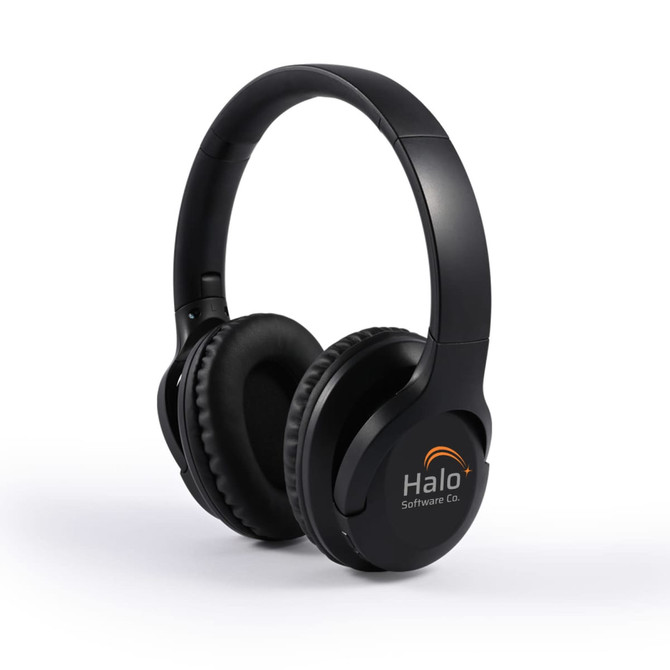 A pair of black ANC headphones with a logo on one earcup, featuring cushioned ear pads and a sleek design.