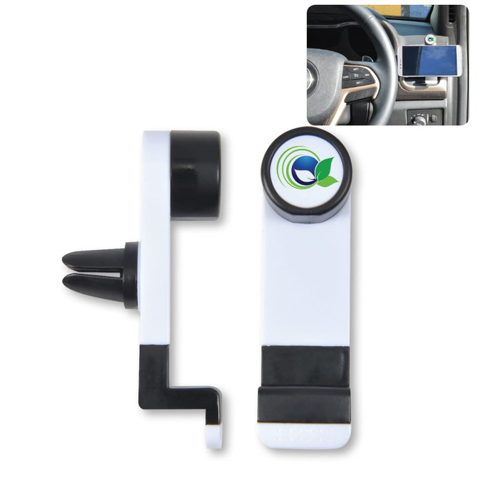 A white car vent phone holder with black accents, featuring a circular branding logo on top.