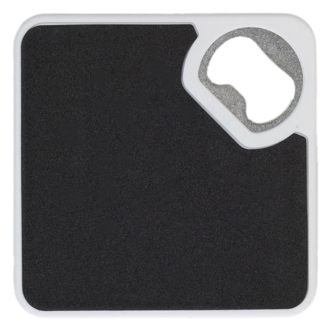 A drink bottle opener and coaster in black and silver, featuring a textured surface and a built-in bottle opener.